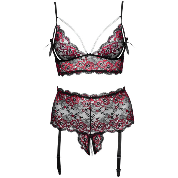 Cottelli Curve Schrittfreier Peek-a-Boo Spitzen-BH-Set Rot in Plus Size