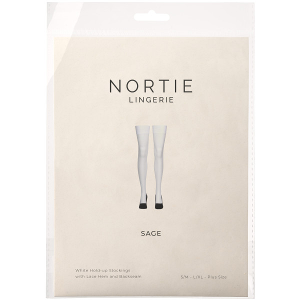 NORTIE Sage Weiße Halterlose Strümpfe mit Spitzensaum und Rücknaht in Plus Size