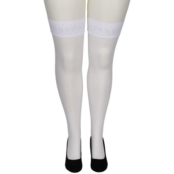 NORTIE Sage Weiße Halterlose Strümpfe mit Spitzensaum und Rücknaht in Plus Size