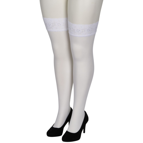 NORTIE Sage Weiße Halterlose Strümpfe mit Spitzensaum und Rücknaht in Plus Size
