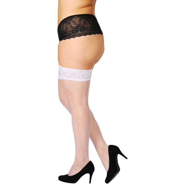 NORTIE Sage Weiße Halterlose Strümpfe mit Spitzensaum und Rücknaht in Plus Size