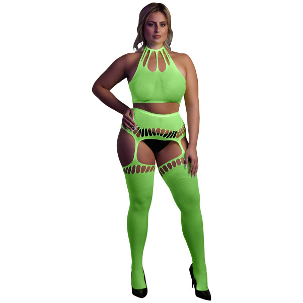 Ouch! Glow in The Dark Neongrünes Crop-Top mit Strümpfen Plus Size