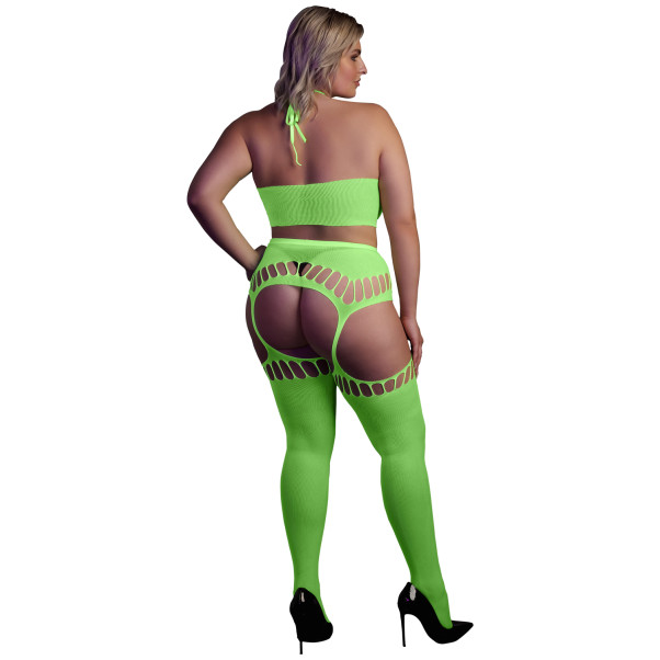 Ouch! Glow in The Dark Neongrünes Crop-Top mit Strümpfen Plus Size